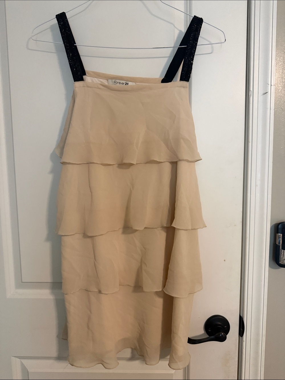 Forever 21 Beige Tiered Chiffon Dress with Black Sparkle Straps